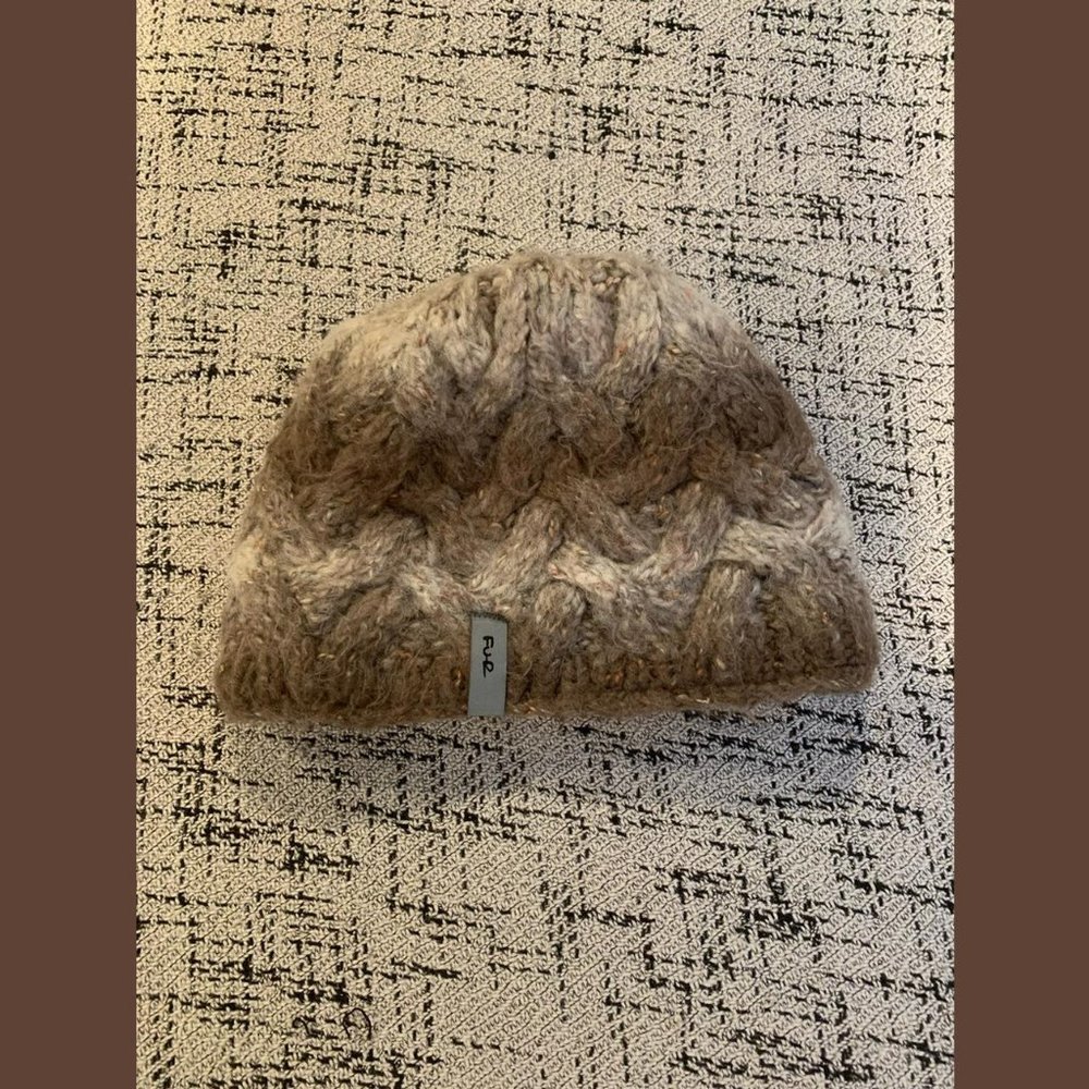 FUR knit beanie in tan and cream with black fleece lining